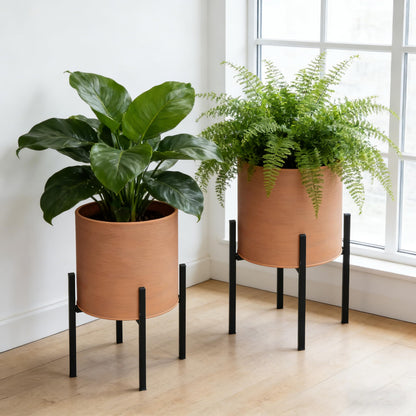 ARNIS Modern Plant Pots, Set of 2 Large Planters with Stand, Decorative Planters, Metal Pots with Drainage Holes for Living Room, Office, Garden or Balcony, 8.25 &10.5 Inch, Terracotta