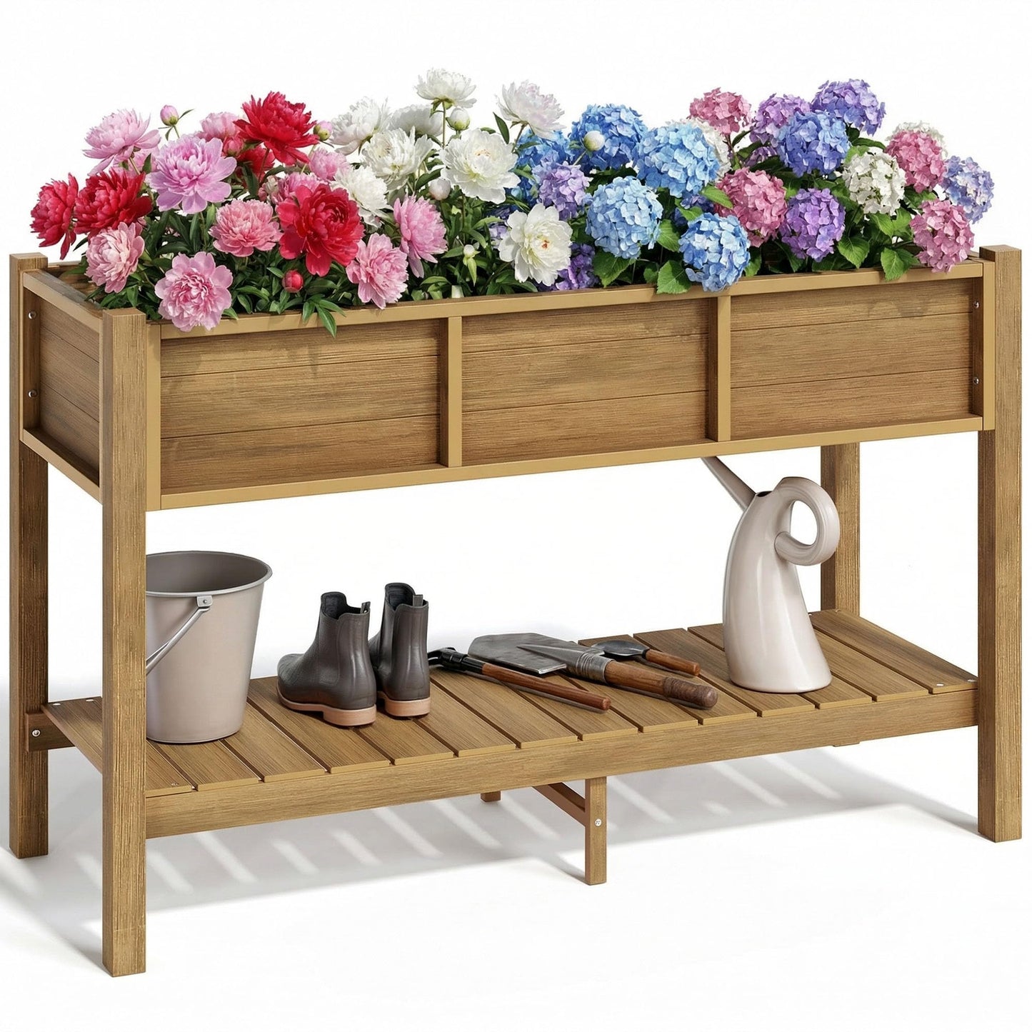 YITAHOME Raised Garden Bed Outdoor HDPE with Shelf, 48x18x30in Poly-Wood Weather-Resistant Elevated Planter Box with Legs for Vegetable Flower, Herb Garden Bed for Backyard Balcony Garden, Brown