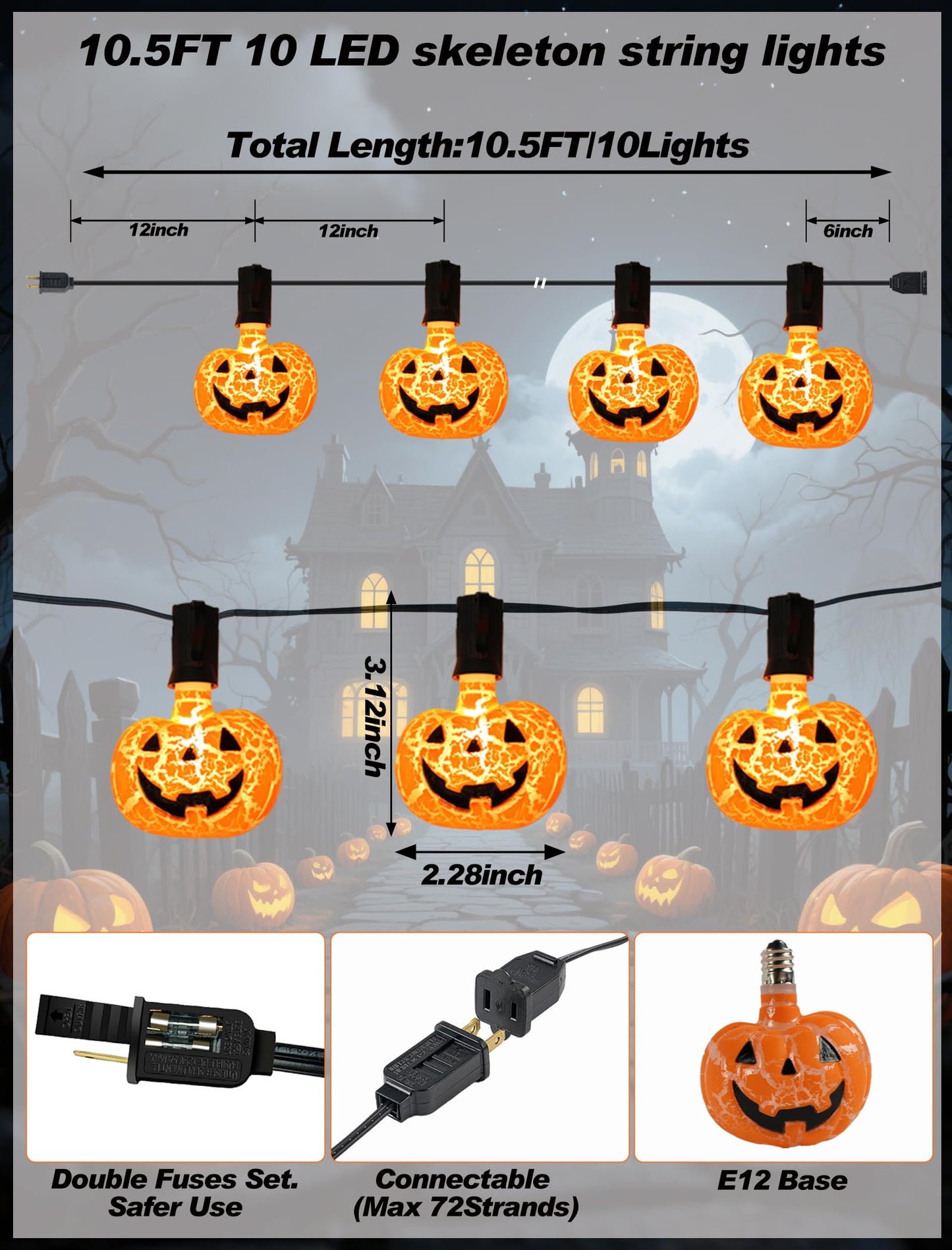 Unleash a Haunting Glow: 10.5ft Plug-in Halloween Pumpkin String Lights, Connectable (Up to 72 Strands), Waterproof Jack o Lantern Lights for Outdoor/Indoor, Heavy-Duty Orange Holiday Lights for Porch