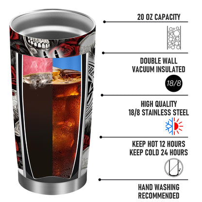 Equoza Skull and Rose 20oz Stainless Steel Tumbler with Lid, Halloween Gothic Finger Skeleton Hand Cup, Double Wall Insulated Travel Coffee Mug, Funny Dark Gift for Men and Women