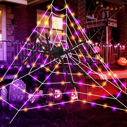 Halloween Giant Spider Web Lights, Spider Web Decoration with 50" Plush Spider & Stretch Cobweb, Powered by Adapter Plug, Remote Control 8 Lighting Modes, Perfect for Scary Halloween Yard Decorations