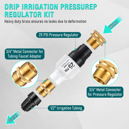 Aurelema 2 Pack 25 PSI Drip Irrigation Pressure Regulator Kit With Water Backflow Preventer for 3/4'' Garden/Faucet Hose Thread and 1/2'' Tubing Adapter, Complete System