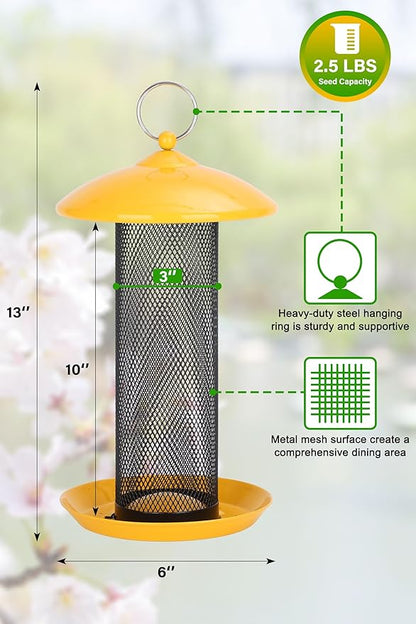 Gtongoko Finch Bird Feeders for Outdoors 2.5 LB Capacity Squirrel Proof Metal Mesh Tube Bird Feeders Thistle & Nyjer Seed Hanging Feeder, Yellow, 1 Pack