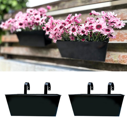 LaLaGreen Railing Hanging Planters (2 Pack, 16 Inch) Large Black Metal Strawberry Flower Pots Outdoor Countryside Modern Rectangle Succulent Planter with Drainage Holes Hanger Balcony Deck Fence Porch