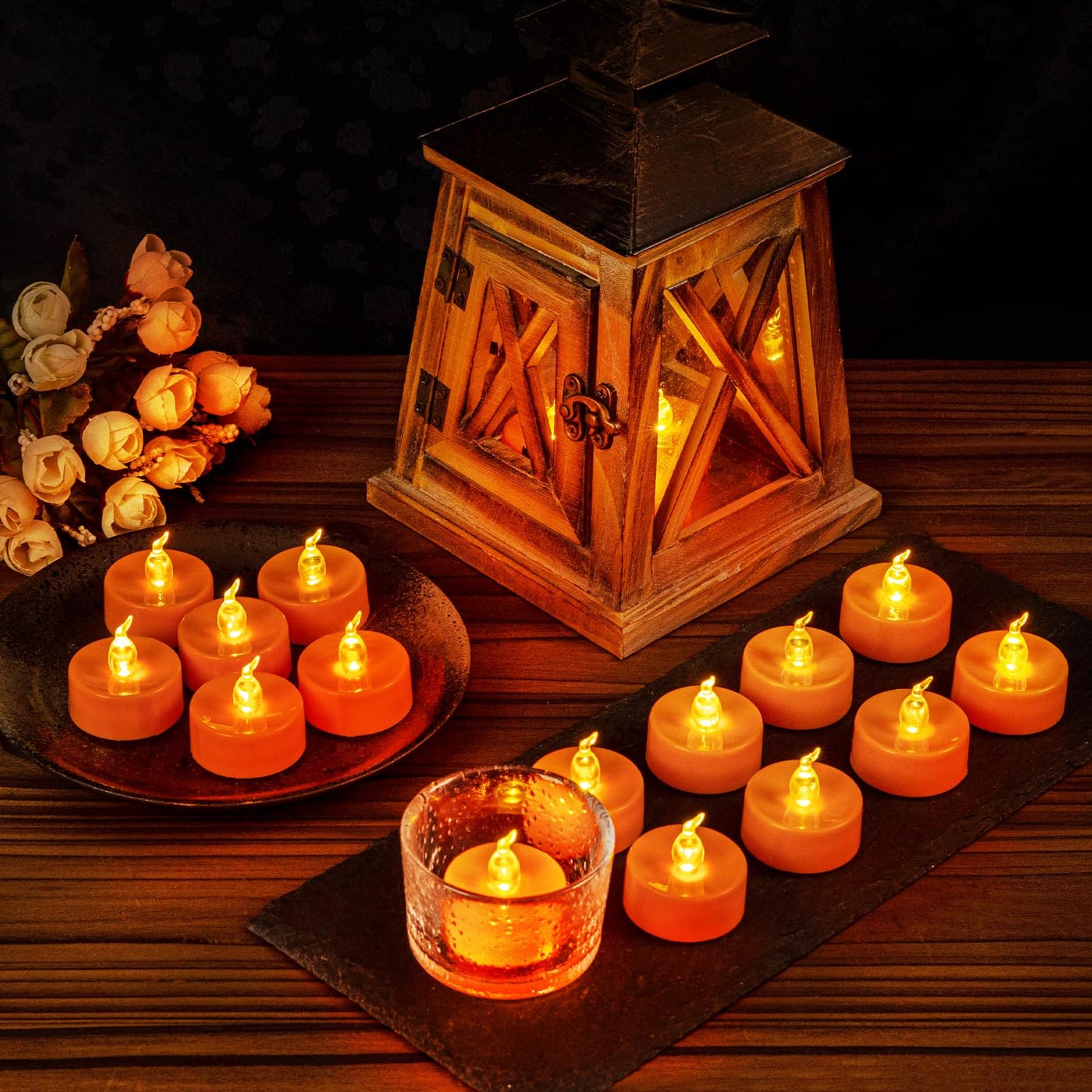 Windshell 24 Pack Orange Flickering Flame LED Tea Lights (No Remote and Timer), Battery Operated Flameless Tealight Candles for Halloween Thanksgiving Party