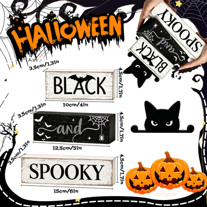 4 Pcs Halloween Table Decorations Black Cat Wooden Block Signs Black and Spooky Rustic Tiered Tray Decor Farmhouse Halloween Centerpiece with Bat & Spider Web for Home Kitchen Shelf Office Mantel Party Favors