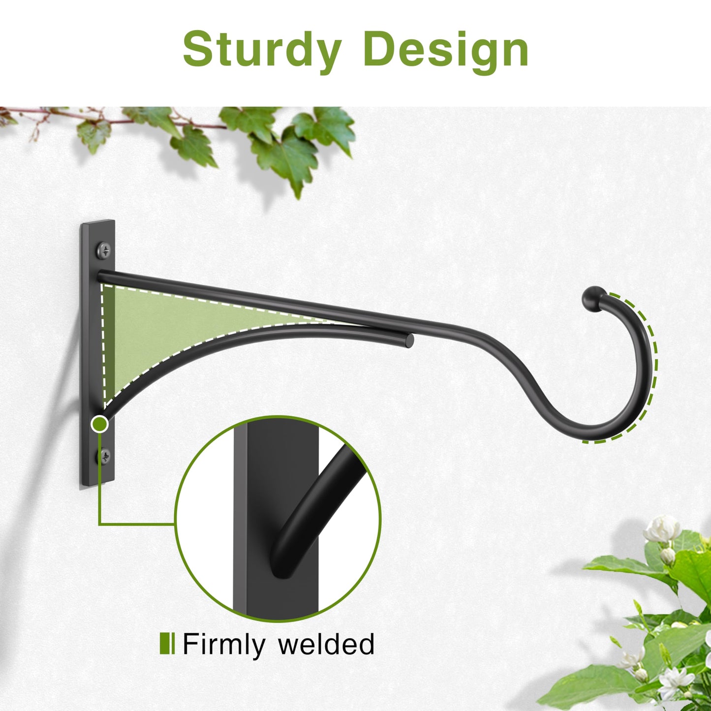 11 Inch 2 Pack Heavy Duty Plant Hangers Outdoor, Metal Plant Brackets for Hanging Baskets, Plant Wall Hooks for Bird Feeders, Wind Chimes & Lanterns, Premium Metal Hooks Matte Black, 30lbs Capacity