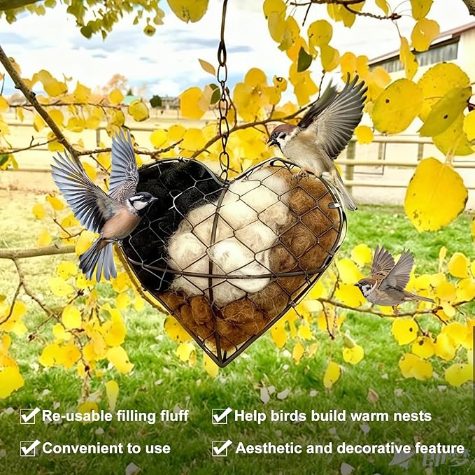 Handmade Alpaca Fiber Bird Nesting Heart, Refillable Hummingbird Nesting Holder with Natural Nesting Materials, Heart Shape Outdoor Bird Shelter for Garden Yard Tree, Wildlife Gift for Bird Lovers