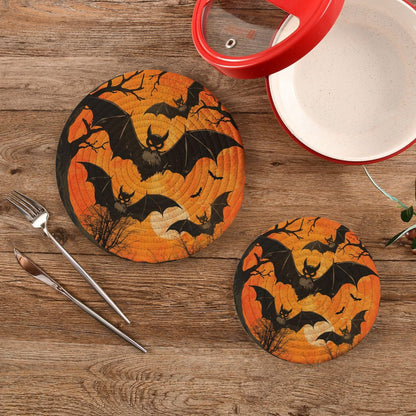 Woven Kitchen Potholders Trivets Set of 2, Halloween Bats Tree Moon Cotton Round Hot Pot Coasters Placemats for Cooking Baking Dish Pan Pot Bowl Teapot(7&9 Inches Diameter)