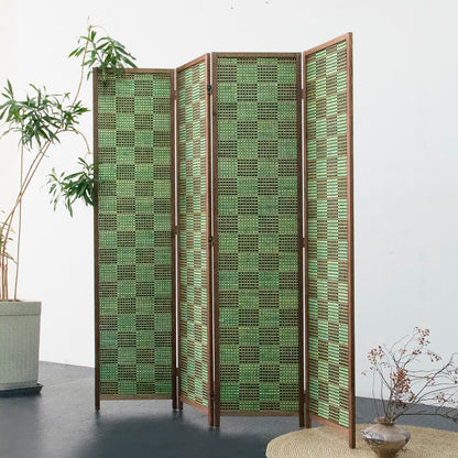 Furnnylane 4 Panel Room Divider Screen and Folding Panel Screen,Double Sided Bamboo Divider for Room Separation,Emerald Square,67" H x 63" W
