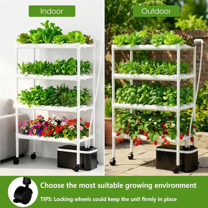 Hydroponics Growing System Kit with Wheels, 108 Plant Sites Gardening Aquaponics Tower, 4-Tier Food-Grade PVC-U Pipes Water Pump Timer for Leafy Vegetables, Indoor, Outdoor (34"x62"x15" in 108 Holes)