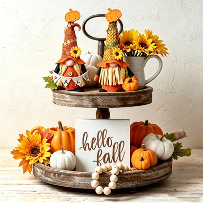 Ni-JASW Fall Plush Gnomes Set of 2, Farmhouse Sunflower Pumpkin Harvest Thanksgiving Swedish Tomte Autumn Elf Figurines Tiered Tray Decor