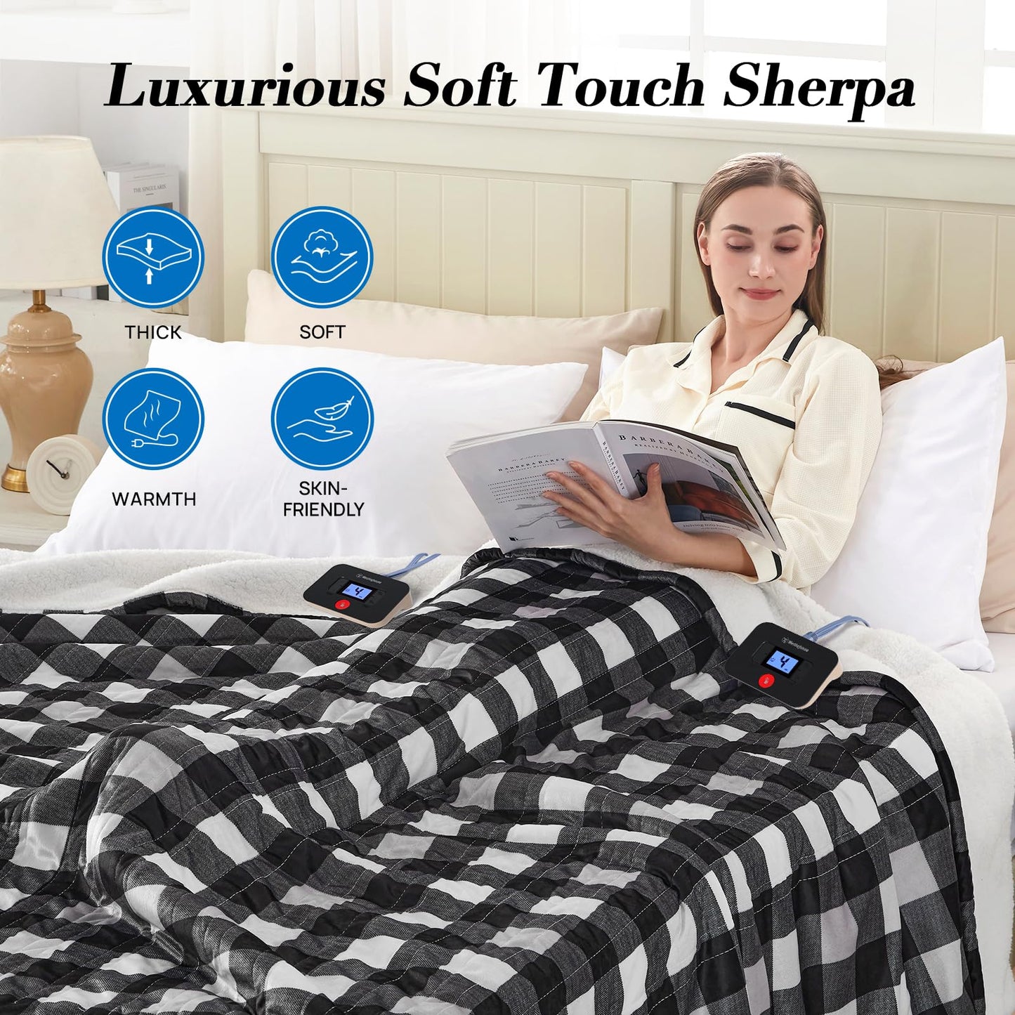 Westinghouse Heated Throw Blanket, Flower Jacquard Electric Blanket Throw with 6 Heating Levels and 2-10 Hours Auto-Off, Flannel to Sherpa Super Cozy Heated Blanket, Machine Washable (50" x 60" Beige)