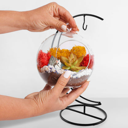 Creations by Nathalie DIY 5" DIY Globe Terrarium Kit - Build Your Own Glass Terrarium for Adults & Teens with Moss, Crystals, Tools & Decorative Figurine - Mini Ecosystem (Plant Not Included)
