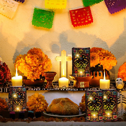 24 Pcs Halloween Day of The Dead Luminary Bags Paper Treat Bags Black Dia de Muertos Flame Resistant Candle Bags Goodie Present Wrap Bags for Halloween Party Favors Supplies