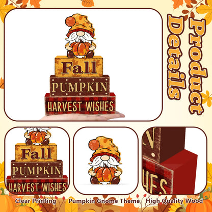 4 Pcs Fall Decorations for Home Thanksgiving Gnome Tiered Tray Decor, Fall Table Decor Farmhouse Rustic Wooden Gnome Pumpkin Block Sign Autumn Tabletop Centerpieces for Home Kitchen Indoor