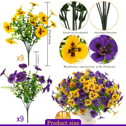 Rowfad 18 Pcs Artificial Fake Pansy Flowers for Outdoor, Faux UV Resistant Silk Pansies Flowers for Outside Planter Front Door Porch Yard Patio Window Box Home Decor (18, Yellow,Purple)