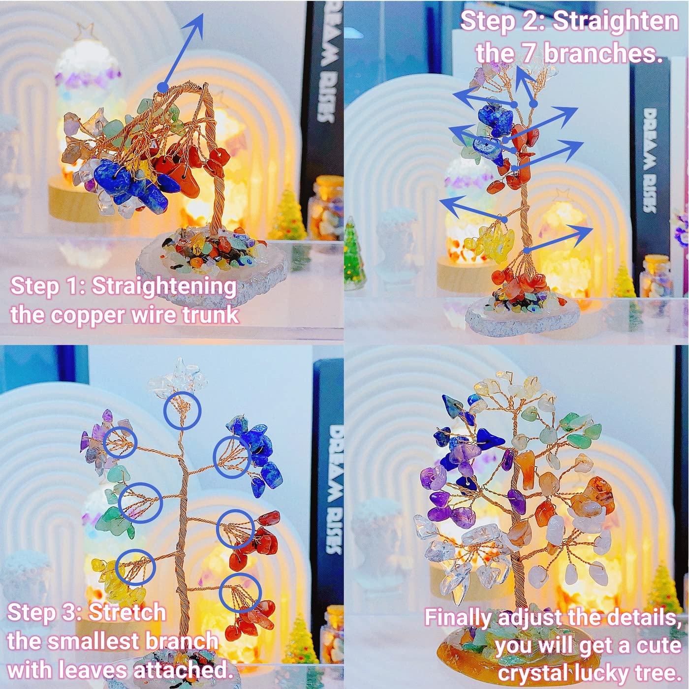 QINJIEJIE Opal Healing Crystals Natural Stone Decor Reiki Gemstone Tree Agate Slice Base Copper Wire Money Tree of Life White Opalite Home Office Decoration Spiritual Luck Gift for Women