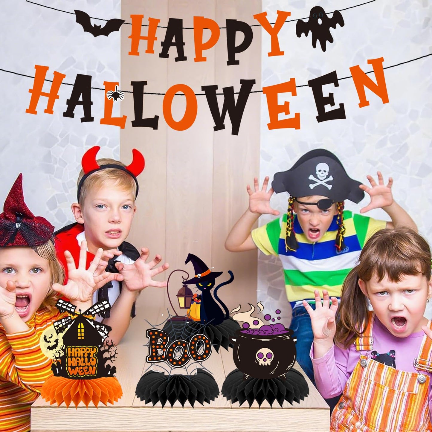 Halloween Decorations Honeycomb Table Centerpieces & Banner Set – 7PCS Black Cat, Haunted House, Pumpkin, Witch Hat & Cauldron Halloween Party Supplies for Home, Office, Classroom
