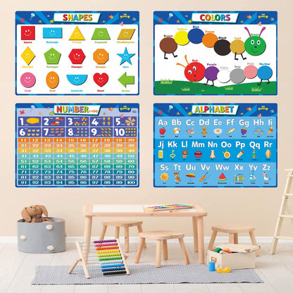 SK SUPKER 4Pack ABC Alphabet Chart + Numbers 1-100 + Shapes + Colors Poster Set, Alphabet Learning Posters-Classroom Wall Decor Art (17 x 11inch)