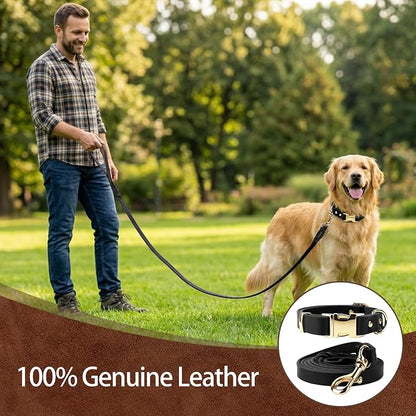 Leather Dog Collar and Leash Set, 5FT Heavy Duty Leather Training Leash with Adjustable Dog Collar, Soft and Durable Dogs Leashes and Collars Set for Small Medium Large Dogs (Black, S)