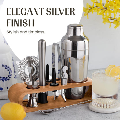 Mixology Cocktail Shaker Set - 10-Piece Cocktail Making Set - Home Bartender Kit in Bamboo Stand with Spoon, Boston Shaker, Other Tools for Drink Mixing, Martini, Mocktail - Gift Set (Silver)