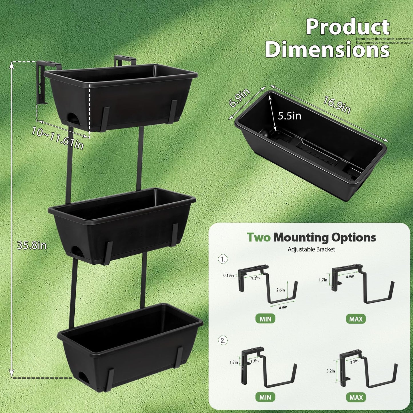 OYEAL Railing Planter Box 3 Tier Vertical Window Boxes Planter Outdoor with Adjustable Brackets & Rectangular Flower Pots Deck Railing Hanging Flower Pots for Patio, Lawn, Porch, Balcony Decor, Black