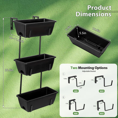 OYEAL Railing Planter Box 3 Tier Vertical Window Boxes Planter Outdoor with Adjustable Brackets & Rectangular Flower Pots Deck Railing Hanging Flower Pots for Patio, Lawn, Porch, Balcony Decor, Black