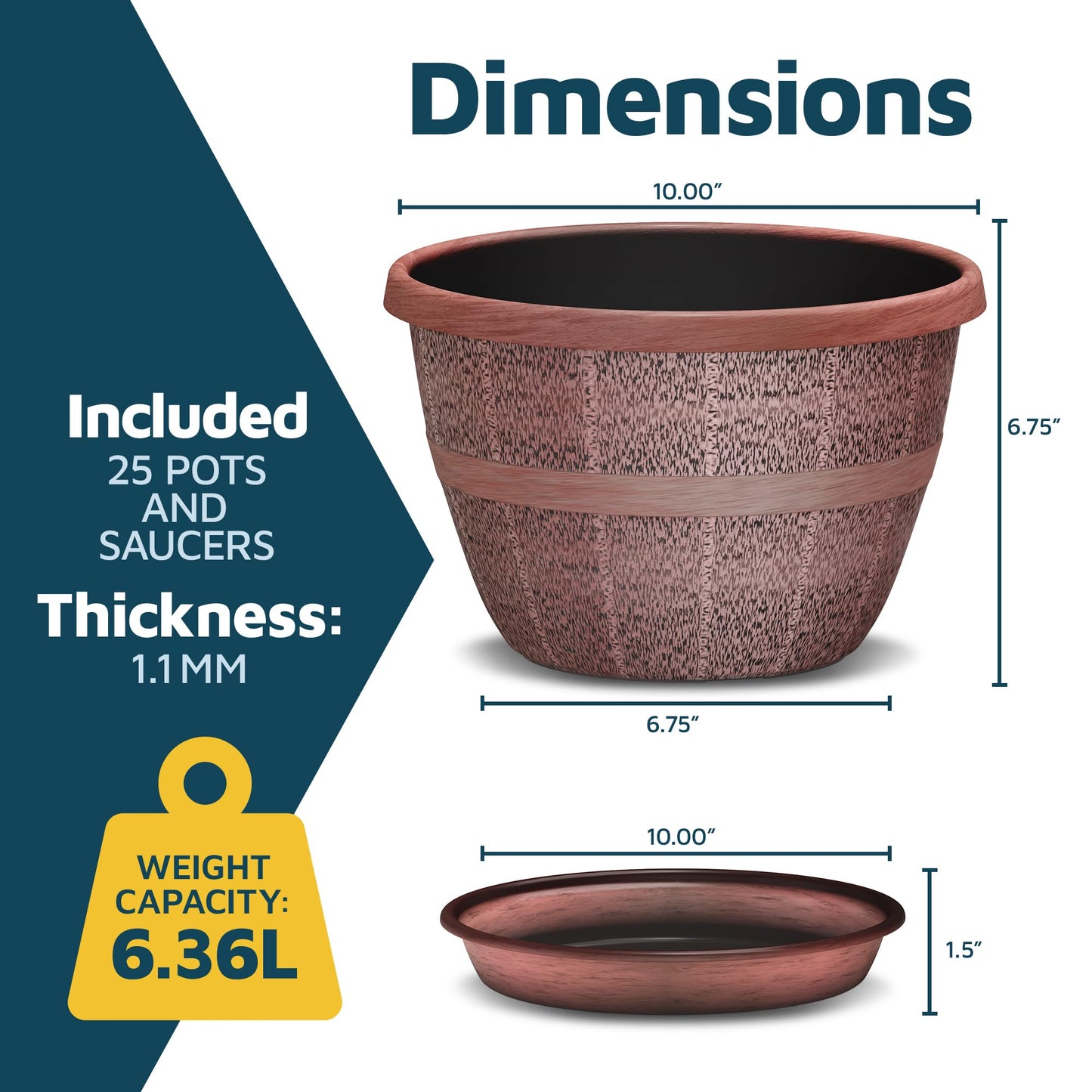 10-Inch Whiskey Barrel Planters Outdoor Pack of 25 - Durable Plastic Plant Pots for Indoor & Outdoor Use with Drainage & Saucer, Lightweight Rustic Barrel Planters for Flowers, Herbs & Small Plants
