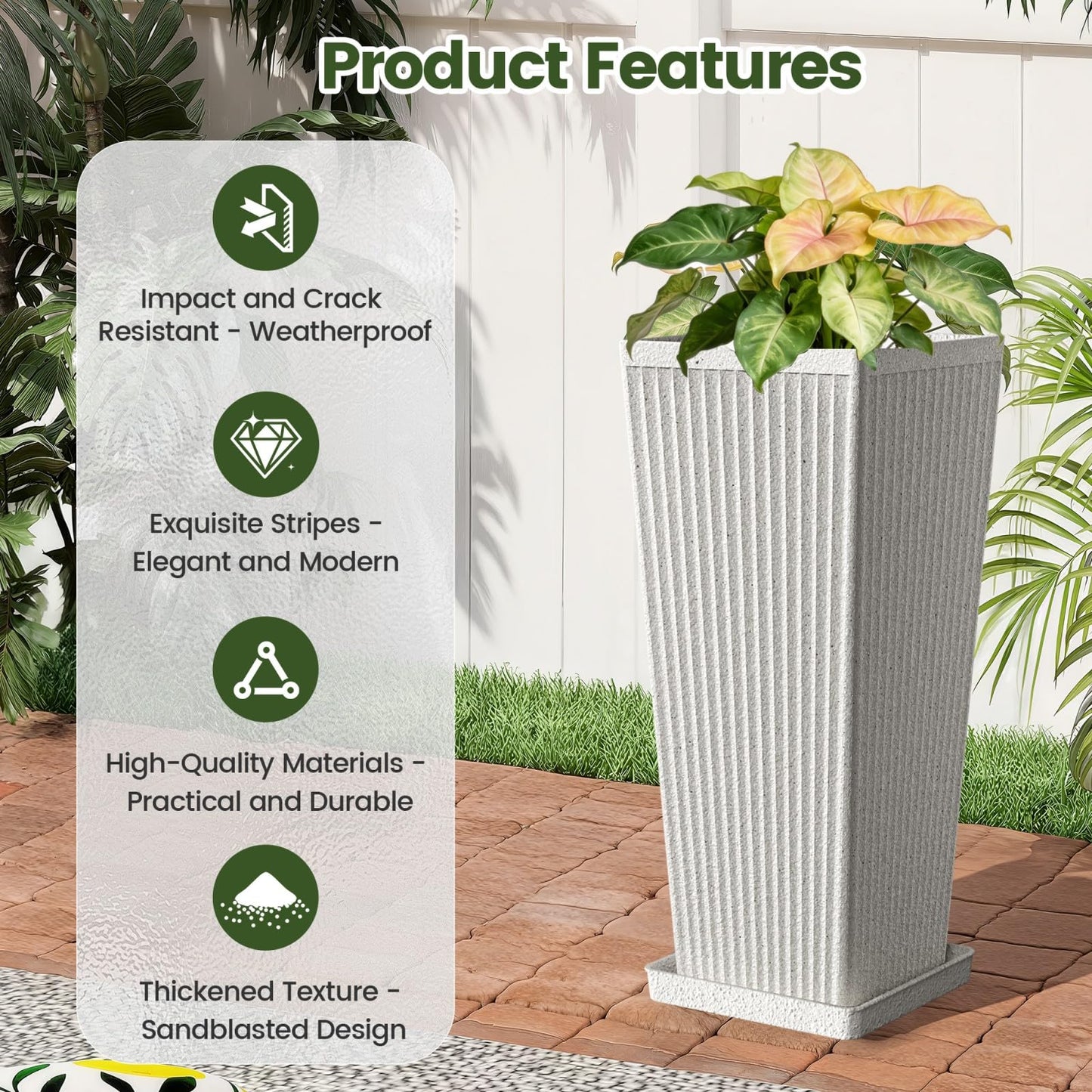 Diyfire Front Porch Planters Outdoor Set of 2, 24" Tall Plastic Planters for Outdoor Plants with Drainage, Extra Large Outdoor Planter Pots, Tapered Tall Planters for Front Door & Indoor Plants, White