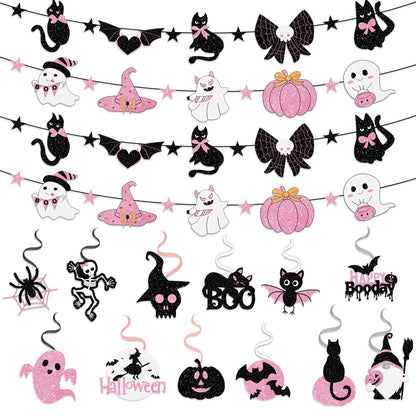 32 Piece Halloween Indoor Decoration Include 4 Banner Garlands and 12 Hanging Swirls Decora Pink Halloween Party Garland Hanging Decorations for Girls Home Mantel Wall and Window Decorations