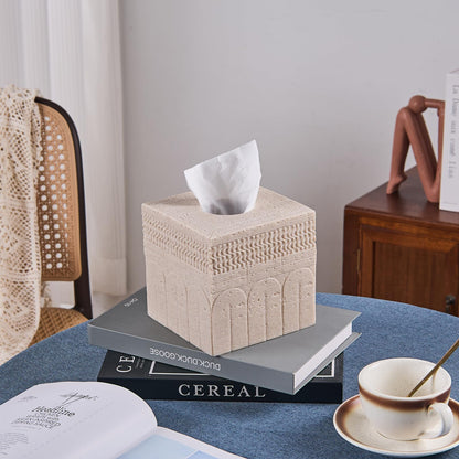 Beige Tissue Box Cover – Modern Resin Cube Holder for Bathroom, Bedroom, Office – Decorative Square Tissue Box for Countertop, Nightstand, Vanity & Desk – Heavy&Sturdy