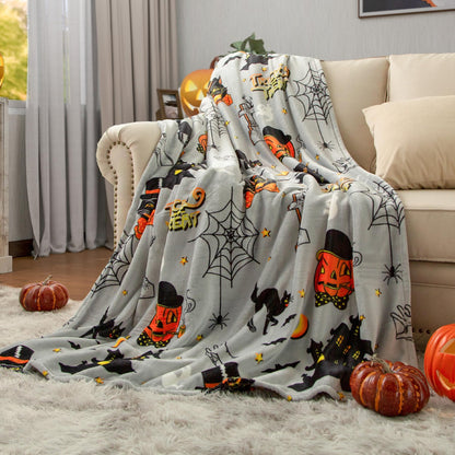 Pumpkin Halloween Throw Blanket 50” x 70” Reversible Castle Cat Bat Print Fleece Throw Blanket, 320 GSM Surper Soft Warm Cozy Blanket for Couch Sofa, Halloween Harvest Gifts and Orange Home Decor