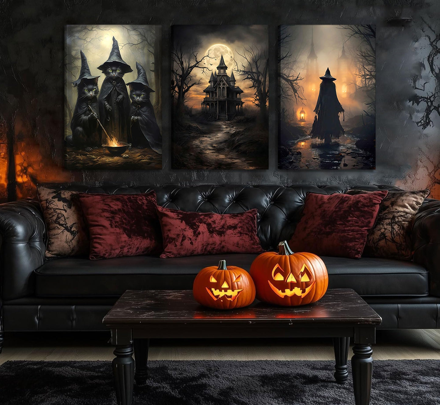 3pcs Halloween Canvas Wall Art Dark Academia Scary Witch Black Cat Castle Wall Decor Pictures Thriller Horror Gothic Posters Prints for Halloween Party House Decoration Prepare to hang