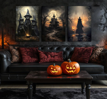 3pcs Halloween Canvas Wall Art Dark Academia Scary Witch Black Cat Castle Wall Decor Pictures Thriller Horror Gothic Posters Prints for Halloween Party House Decoration Prepare to hang