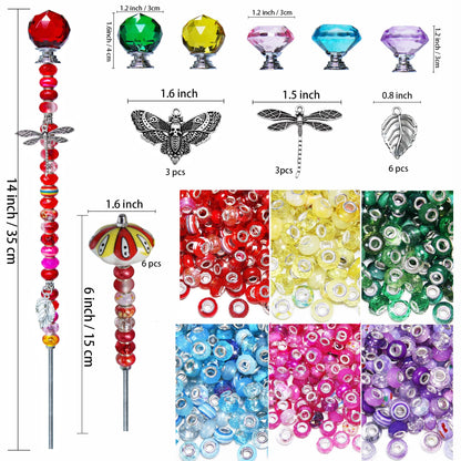 Fairy Wand Garden Stake Beads Kits,Beaded Decorative Garden Stakes Kit, 6 Large(14in) + 6 Mini (6in) Beaded Fairy Garden Stakes with Crysta l& Ceramic Toppers