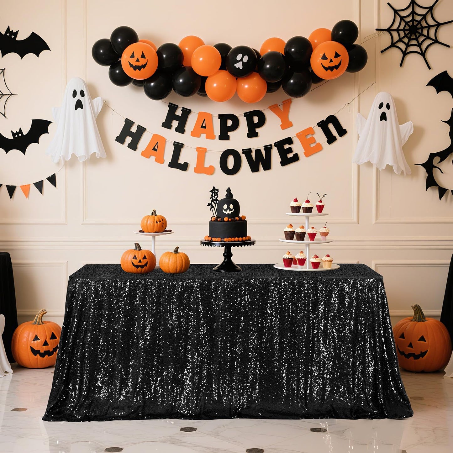 Poise3EHome Black Sequin Tablecloth,60×102 Inch Rectangle Sparkly Fabric Table Cloth for Halloween Birthday Wedding Party Holiday Decoration