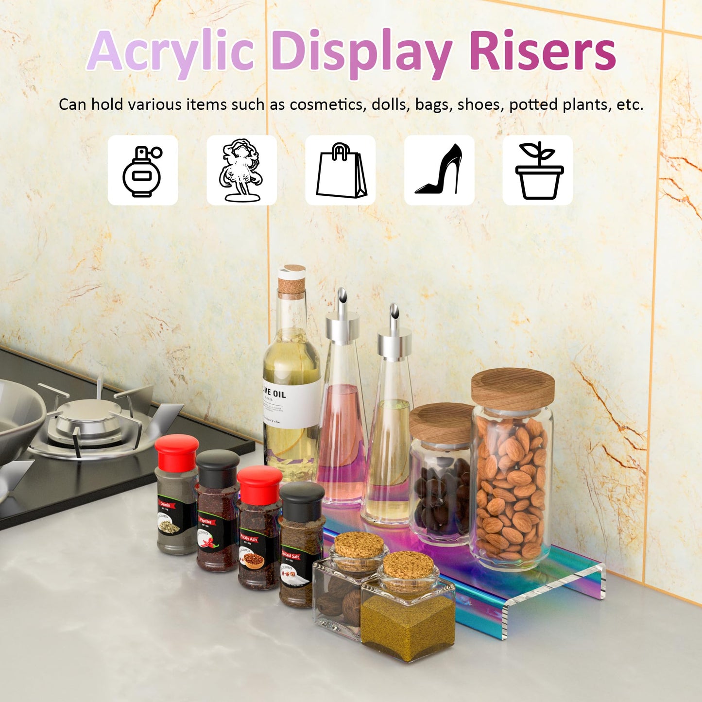 Sezanrpt Acrylic Shelf Riser 12x3.9x1 pack of 2, Iridescent Display Shelf 12” for Shoes, Glasses, Plants, Home Decors, Perfume, 12x3.9x1 Inch