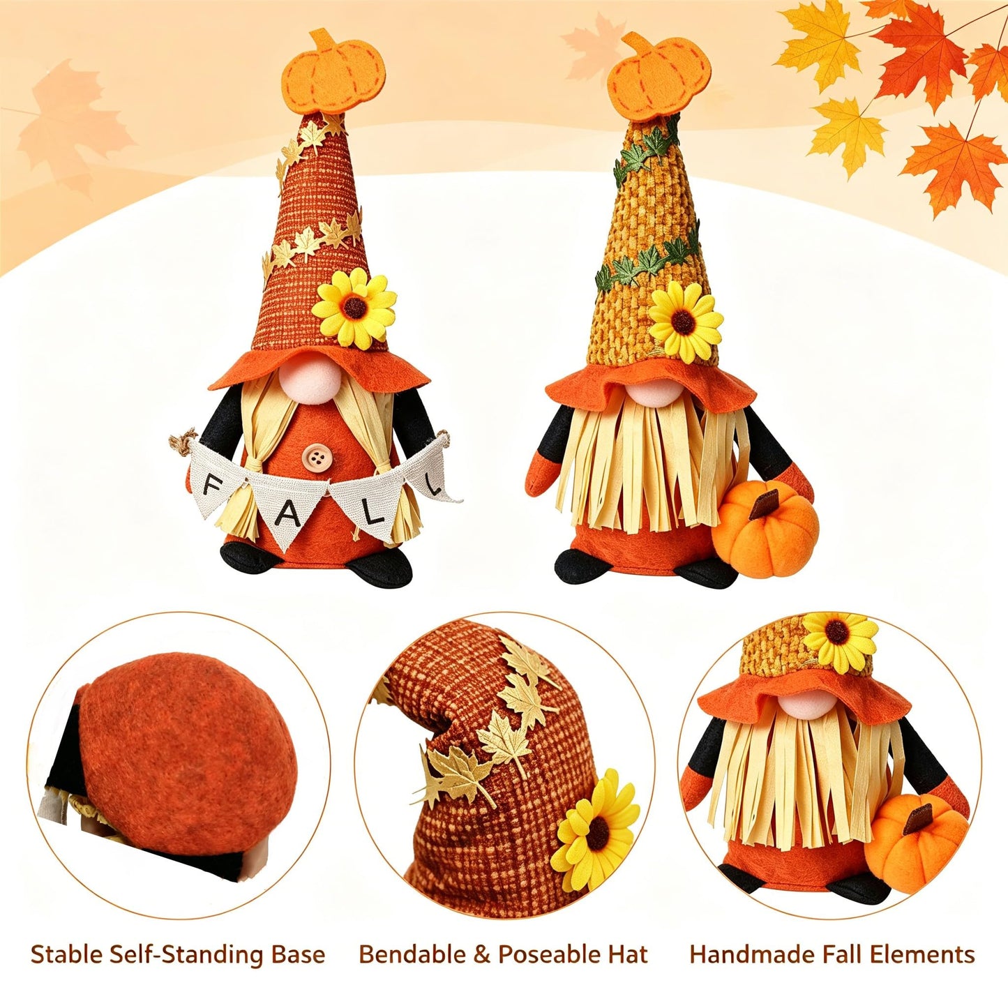 Ni-JASW Fall Plush Gnomes Set of 2, Farmhouse Sunflower Pumpkin Harvest Thanksgiving Swedish Tomte Autumn Elf Figurines Tiered Tray Decor