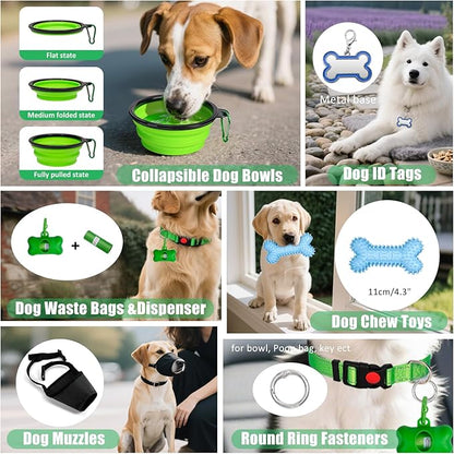 No Pull Dog Harness Adjustable Collar & Leash Set - Dog Halter Harnesses Collapsible Bowls & Poop Bag Dispenser Muzzle ID Tags Toys Fits Small Medium Large Dogs (Green-XL)