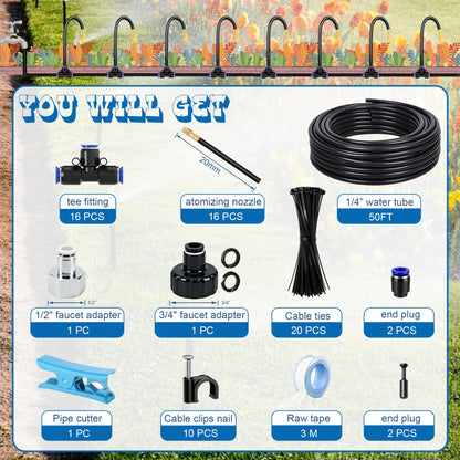 Dianrui Drip Irrigation System—50FT 1/4" Garden Watering System with 16pcs Copper Nozzles, 360° Curved Garden Automatic Irrigation System for Garden/Lawn/Greenhouse/Raised Beds/Outdoor Plants