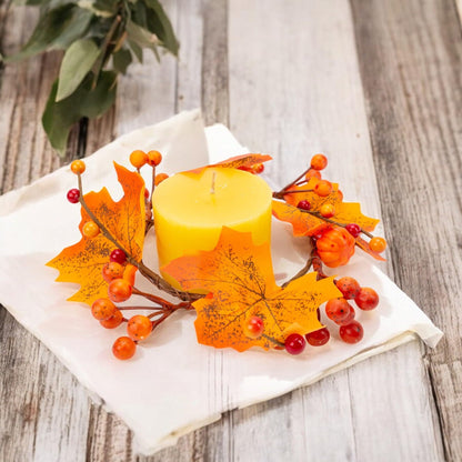5Pcs Fall Mini Wreath 4.7 Inch/12cm Taper Candle Rings Artificial Pumpkin Maple Leaf Holder with Berries Christmas Autumn Harvest Wreaths for Pillar Halloween Thanksgiving Wedding Table Home Decor