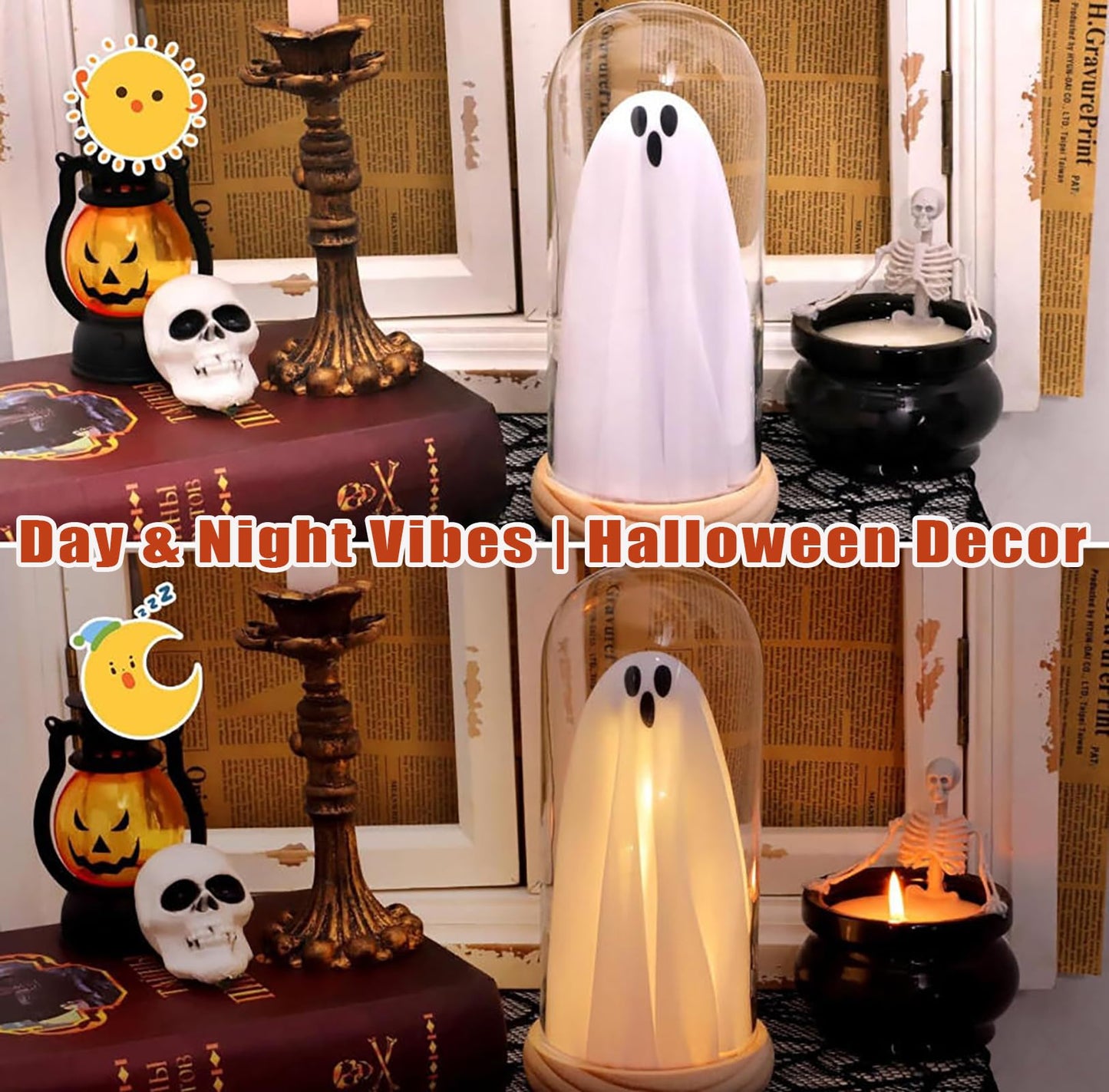 Strackvial Halloween Ghost LED Decor Light – Cute Spooky Tabletop Lamp with Wood Base & Clear Glass Cloche, Indoor Fairy Light Decoration for Mantel, Shelf & Party Centerpiece (Classic Ghost Light)