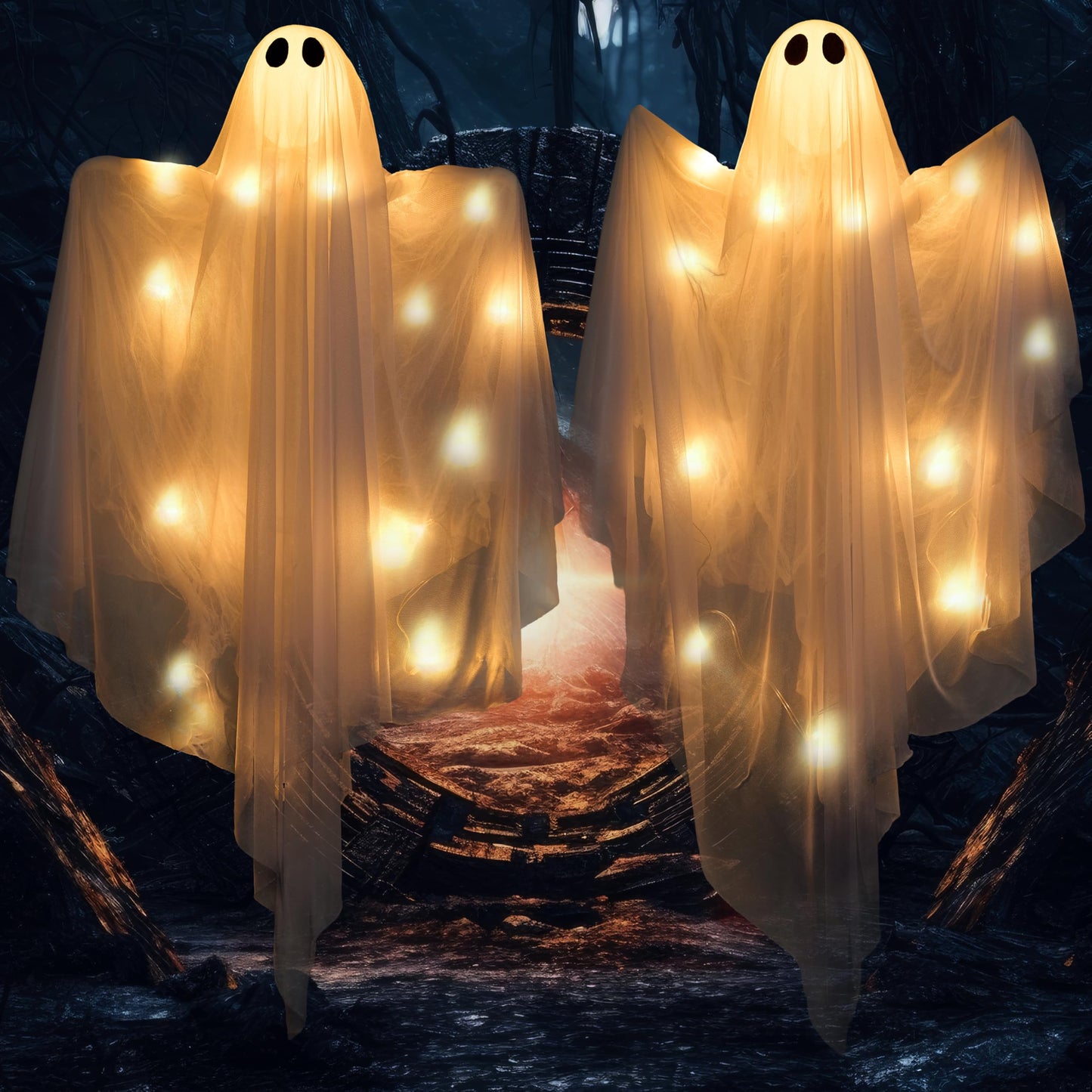 JOYIN 2 Pcs 47” Halloween Light up Hanging Ghost Decorations Outdoor, Halloween Flying Hanging Ghosts with Warm LED Lights and Timer for Haunted House Prop Front Yard Patio Party Decor Indoor Outdoor
