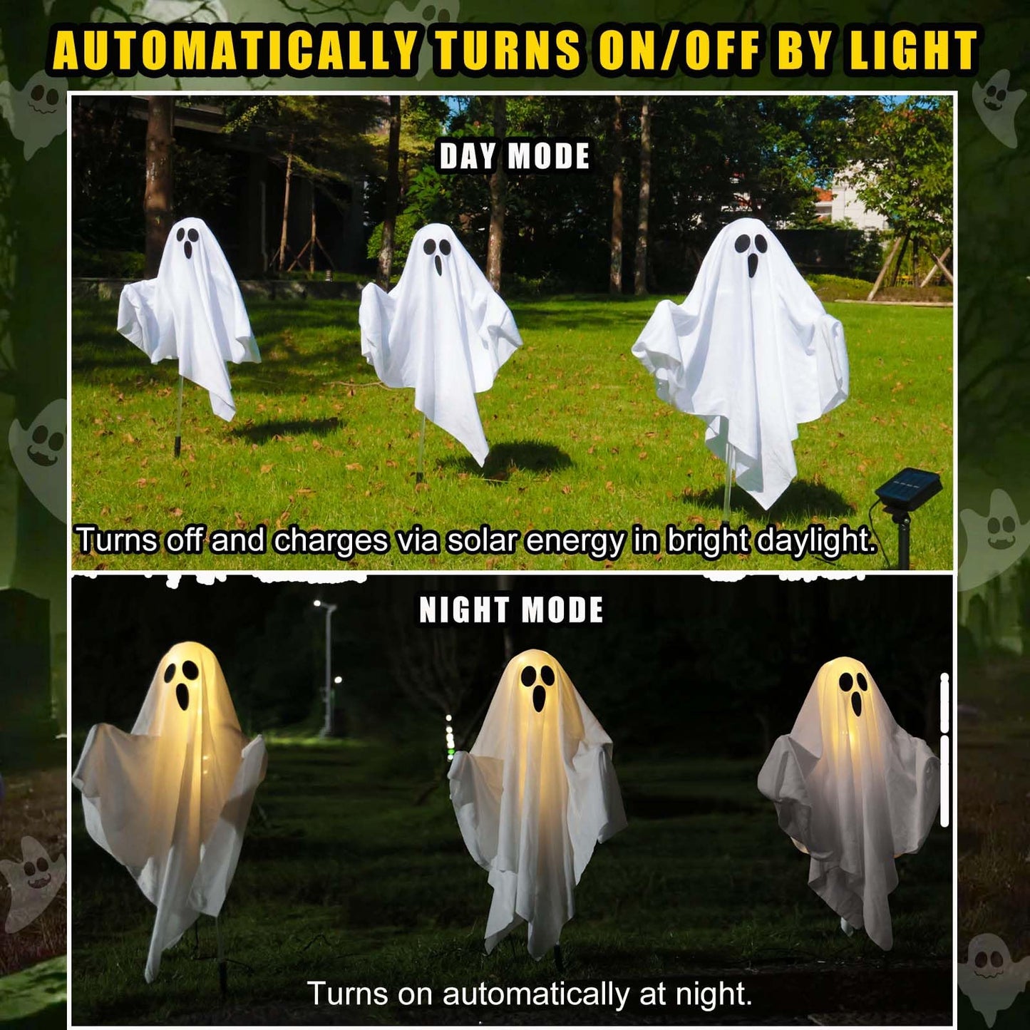 Solar Powered Halloween Decorations, 3 Pack Light Up Ghost Outdoor Path Pathway Kit Walkway Driveway Warm White Led Lights Solar Power Scary Yard Stakes Garden Lawn Decor