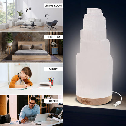 Himalayan Glow Selenite Crystal Lamp 20 cm, Hand Curved Moroccan Charging Station, Crystals and Healing Stones, Electric Cord with Dimmer Switch For Home Decor & Spiritual Protection 4-7 Lbs