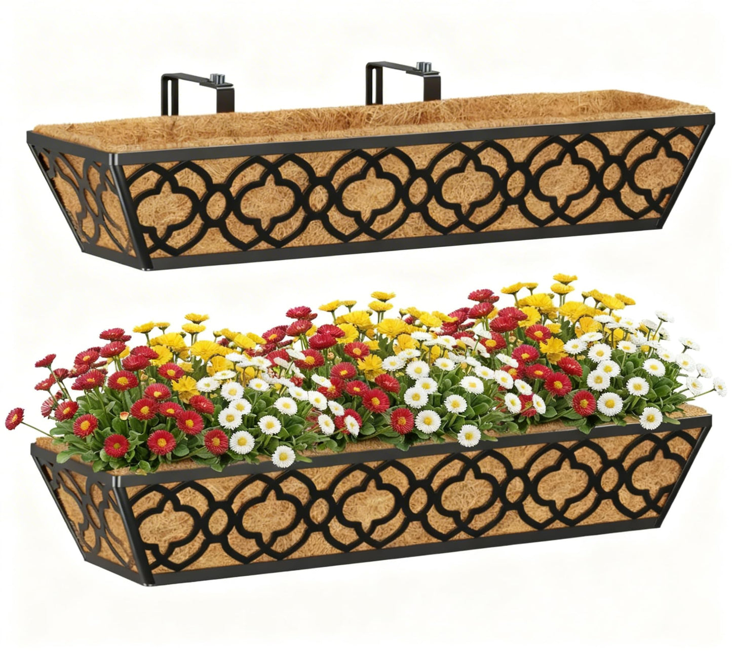 Y&M Deck Railing Planter Boxes, Adjustable Balcony Planter for Outdoor Plants, Metal Railing Planter Box for Deck, Fence and Porch, Window Boxes Outdoor, Sturdy Hanging Planter-24inch 2pcs