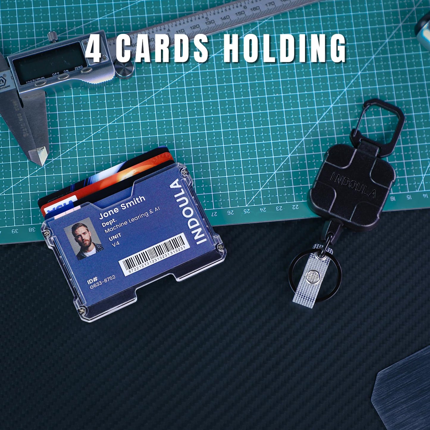 INDOULA Retractable Horizontal Badge Holder,Large ID Card Holder with 31.5" Retractable Reel and 4 Cards Slot(1 Pack,Black).