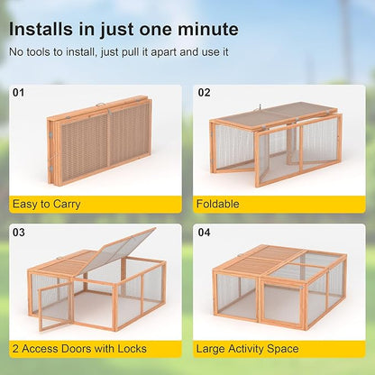 Chicken Coop, Wooden Rabbit Hutch Outdoor Indoor Folding Bunny Cage with Handle Portable Chicken Run with Top & Side Opening Doors Small Animal Playpen No Assembly Pet Poultry Cage for Bunny(Wood)
