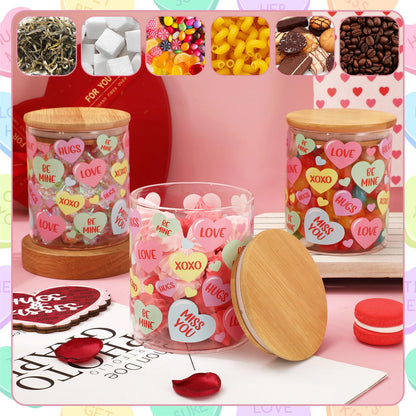 JarThenaAMCS 3Pcs Valentine Glass Storage Jars With Airtight Lid Pastel Conversation Heart Decorative Canisters Sets For Home Kitchen Countertop